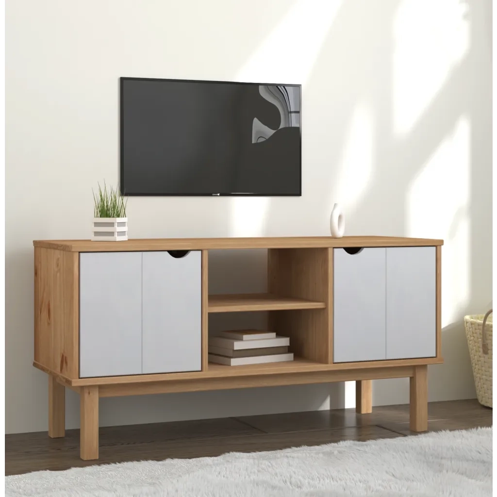 Mobile TV Marrone e Bianco 113,5x43x57 cm Legno Massello Pino