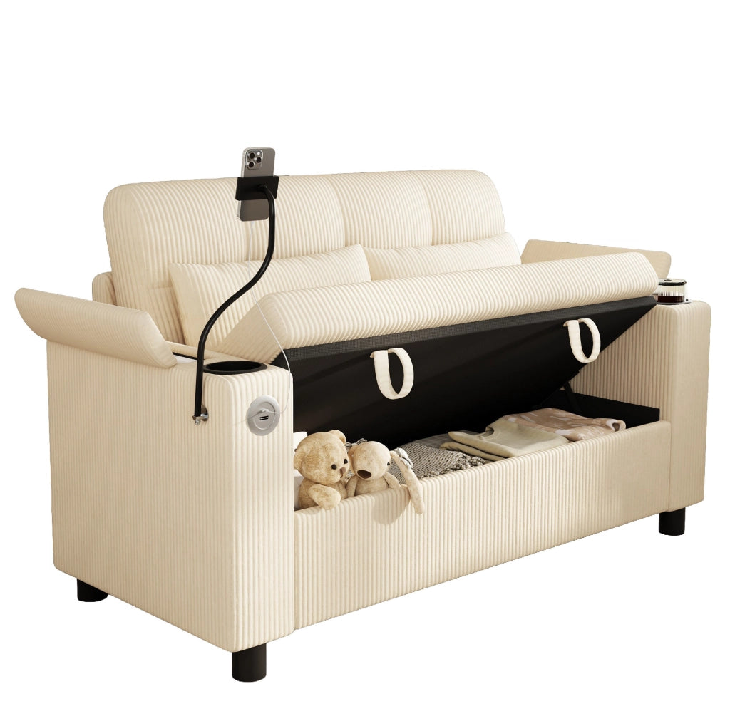 Divano 2 posti con contenitore; USB/Type-C e portabevande in velluto a coste beige HOMVRA