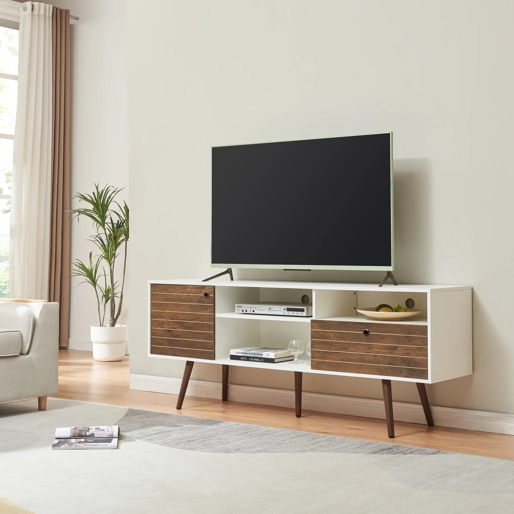 Mobile TV Vare con Cassetto Anta e Vani Aperti 165x40x66 cm - Bianco/Effetto Noce [en.casa]