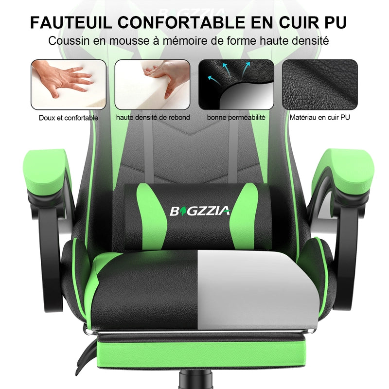 Sedia da gioco,  Sedia da gioco ergonomica in pelle PU, regolabile in altezza, con poggiatesta e supporto lombare, poggiapiedi,Nero Verde