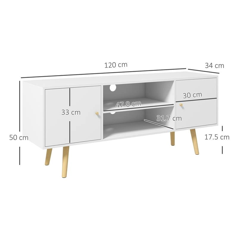 MOBILE TV 55" MAX CON 2 ARMADIETTI E 2 RIPIANI APERTI, IN LEGNO E TRUCIOLATO, 120X34X50 CM, BIANCO
