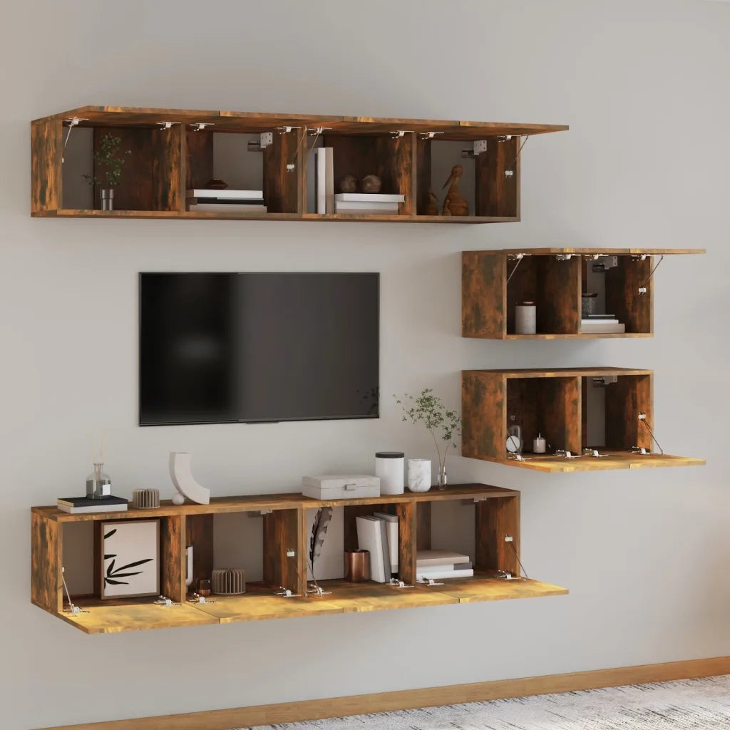 Set di Mobili Porta TV 6 pz Rovere Fumo in Legno Multistrato cod mxl 12130