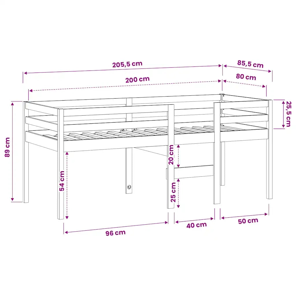 Letto singolo | Letto per adulti | Letto a Soppalco 80x200 cm in Legno Massello di Pino