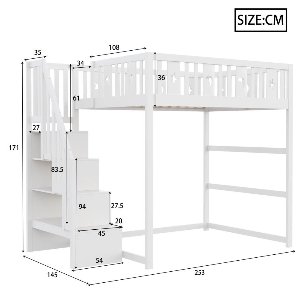 OKWISH Letto a Soppalco 140×200 cm, Letto Singolo con Scala, Scaffali e Sponda, senza Materasso, in Legno, Bianco