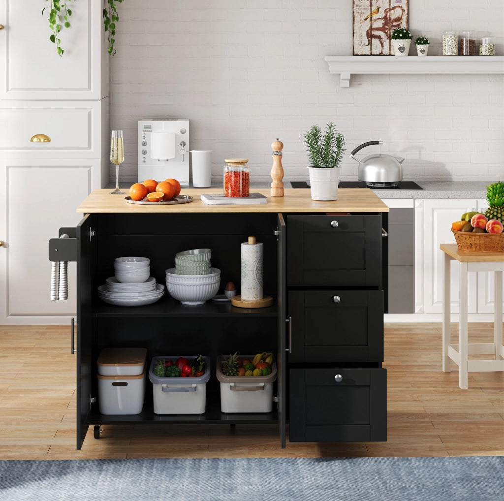 Isola da cucina mobile pieghevole 135x44(70)x90 cm in MDF nero e naturale