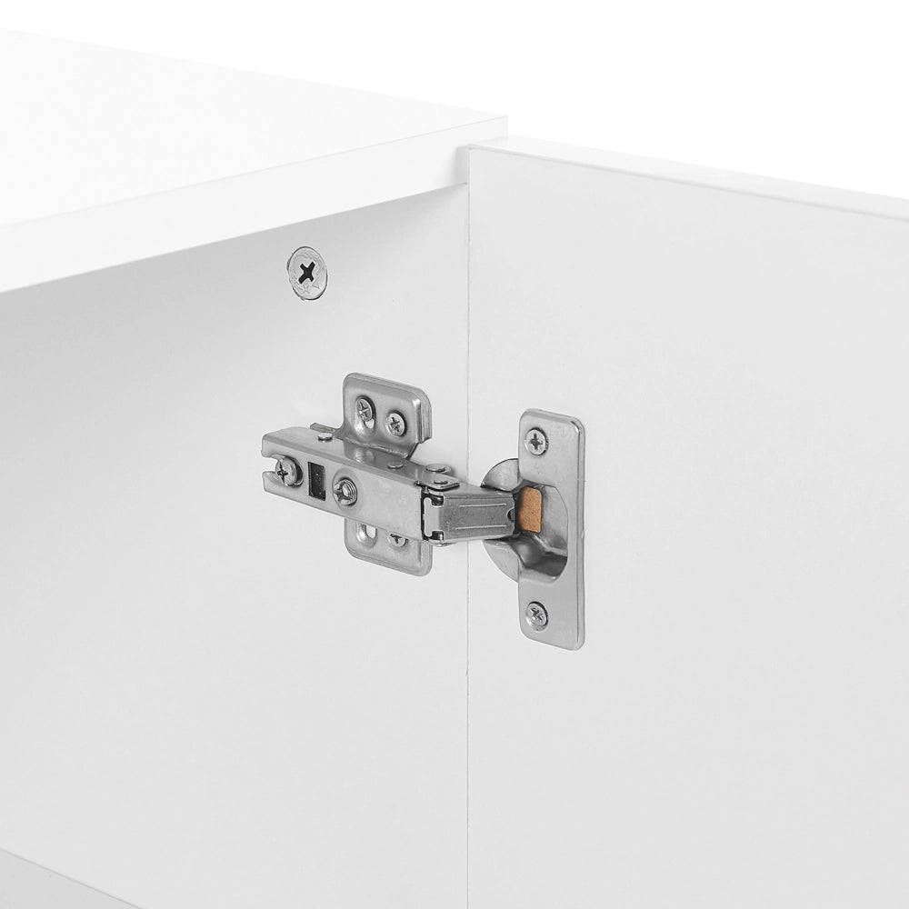 Credenza Bianca e Legno Chiaro MDF 2 Cassetti Scaffali Armadio Gambe in Legno Portaoggetti Soggiorno