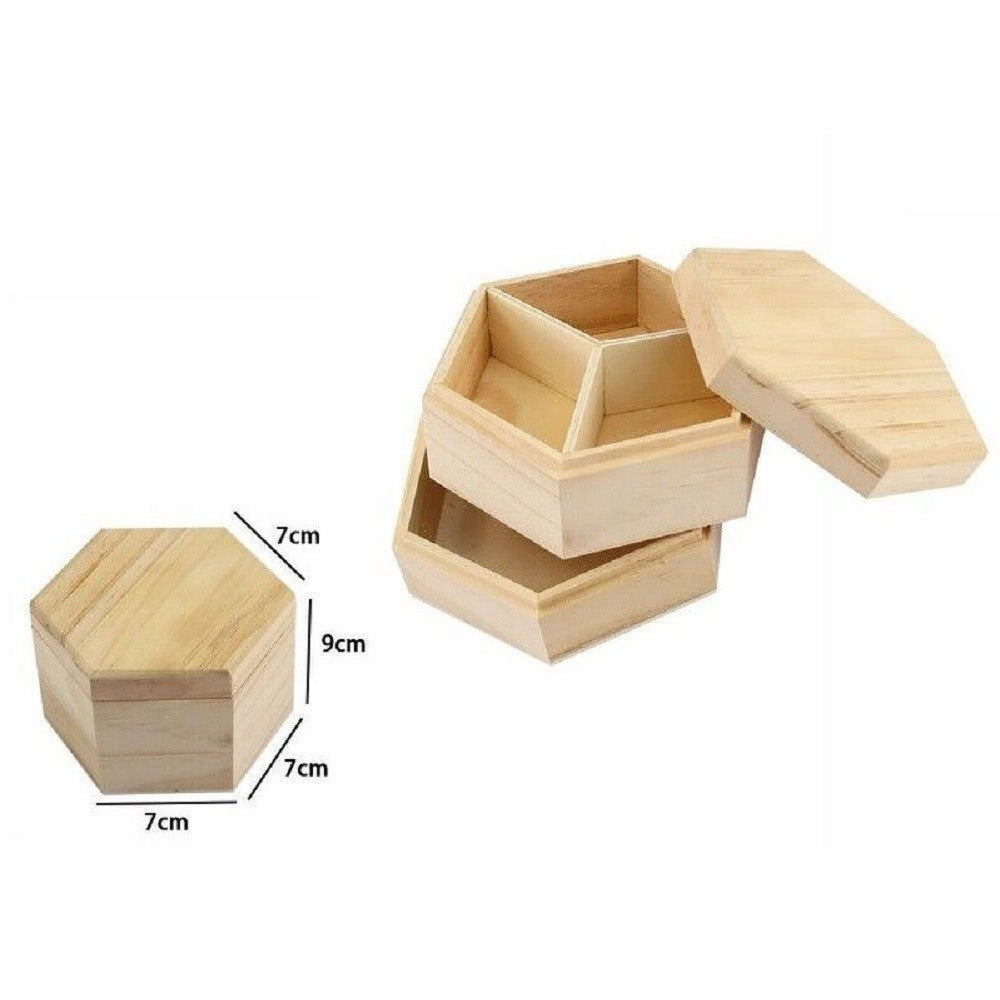 Trade Shop - Scatola Portagioie Esagono In Legno Con Bacheca 2 Piani Posti Scomparti 74020a -
