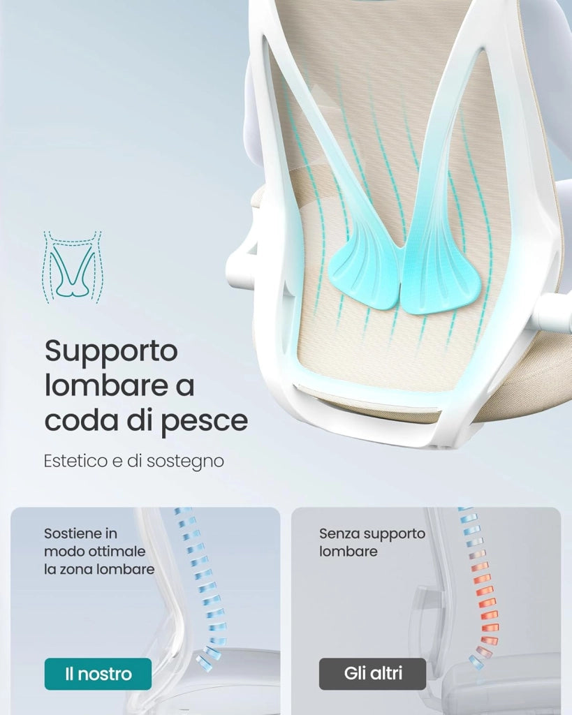 SONGMICS Sedia da Ufficio, Sedia da Scrivania, Schienale Ergonomico, Altezza Regolabile, Braccioli Ribaltabili, Poltrona Girevole con Poggiatesta, Portata 150 kg, Beige Cappuccino OBN088K01
