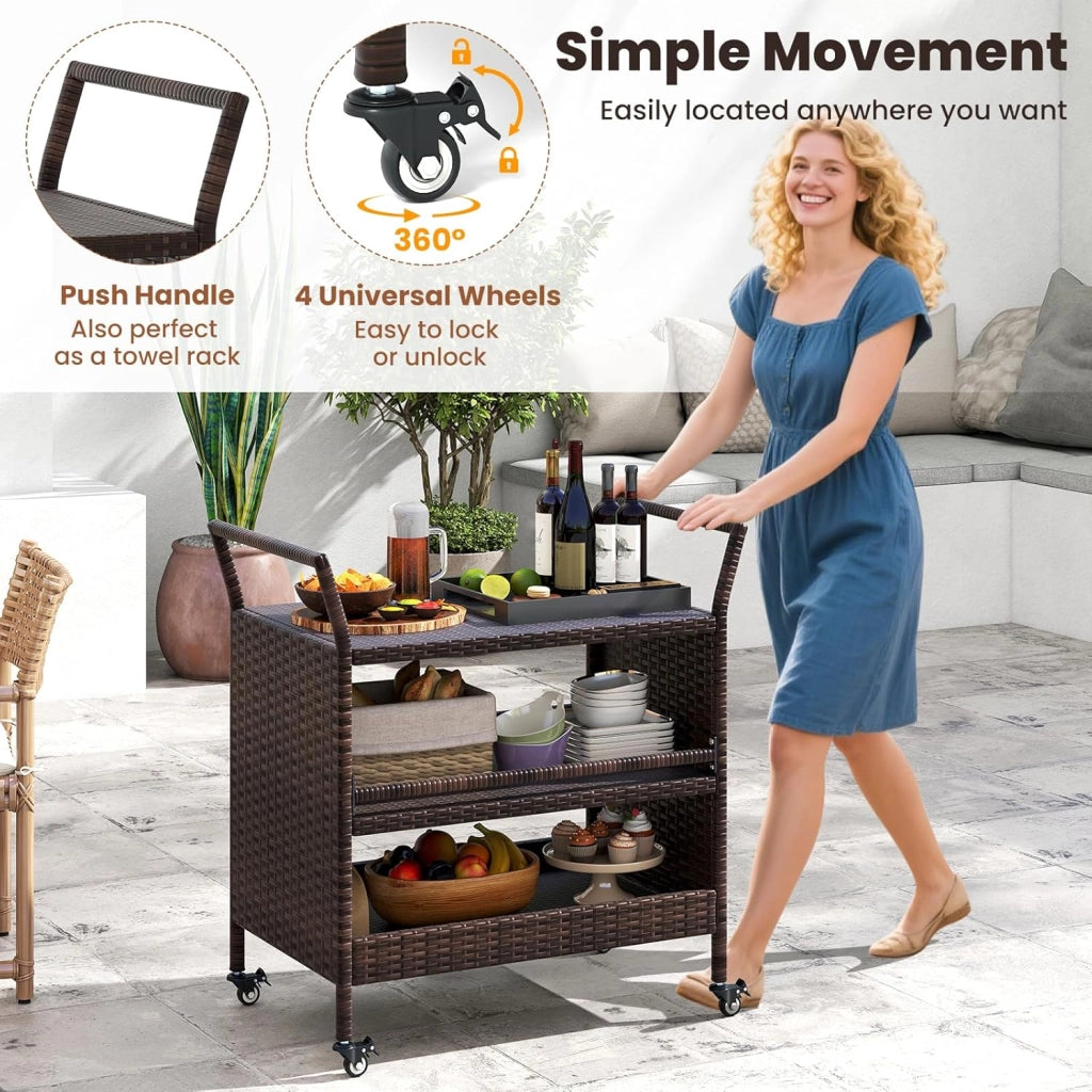 Carrello da portata per esterni, in rattan, da cucina su ruote, con 3 livelli con maniglie laterali, per barbecue, per giardino, piscina, terrazzo, 86 x 50 x 89 cm