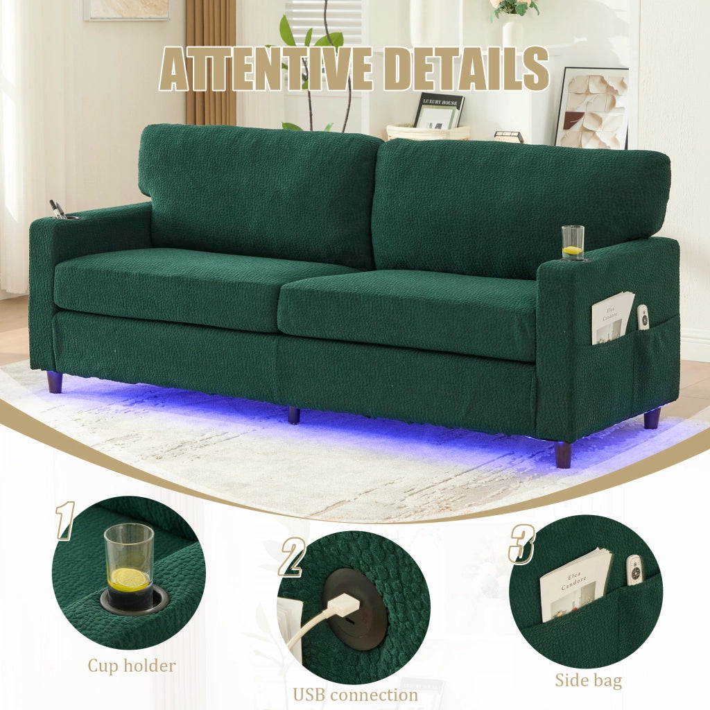 Divano a 2 posti in ciniglia; con USB-C; luce LED; portabicchieri e tasche laterali; verde smeraldo