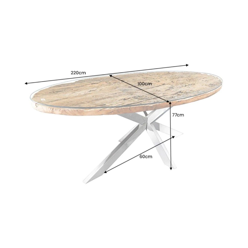 Table RAFTA 220 cm – Piano in teak massiccio, vetro temperato e struttura in acciaio cromato
