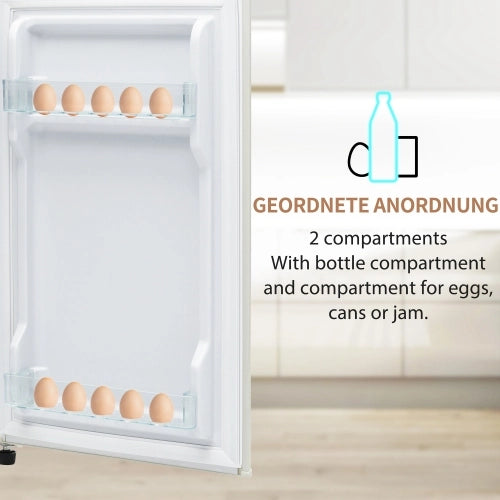 Frigorifero retrò; frigorifero-freezer combo; volume totale 92L; congelatore 28L; mensole per porte; mensole in vetro; luce LED; efficiente energetico; bianco antico