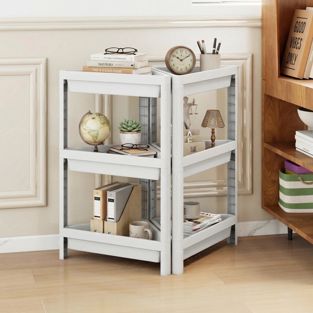 Set da 2 scaffali angolari da doccia a 3 ripiani con fori di drenaggio, Organizer da terra autoportante smontabile per bagno cucina camera e soggiorno Bianco