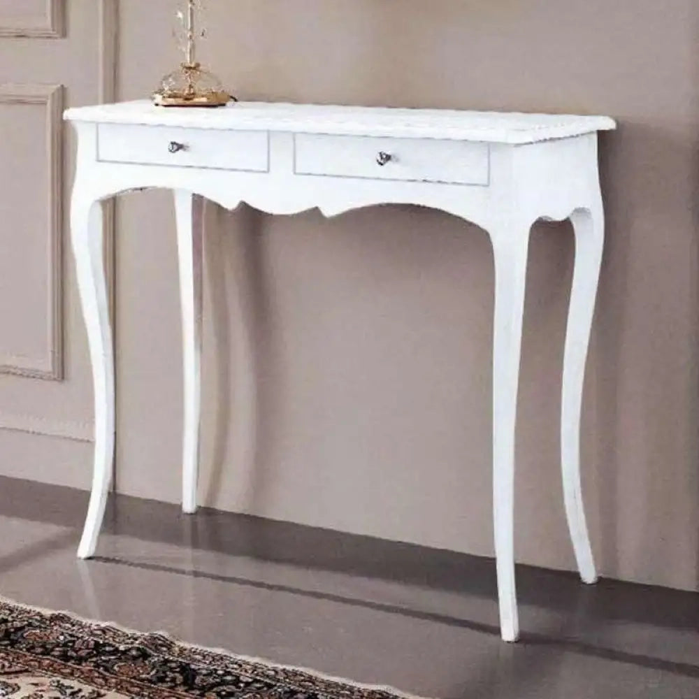 Mobiletto a consolle 2 cassetti arte povera in legno massello e mdf con rifinitura in bianco 95x41x80 H