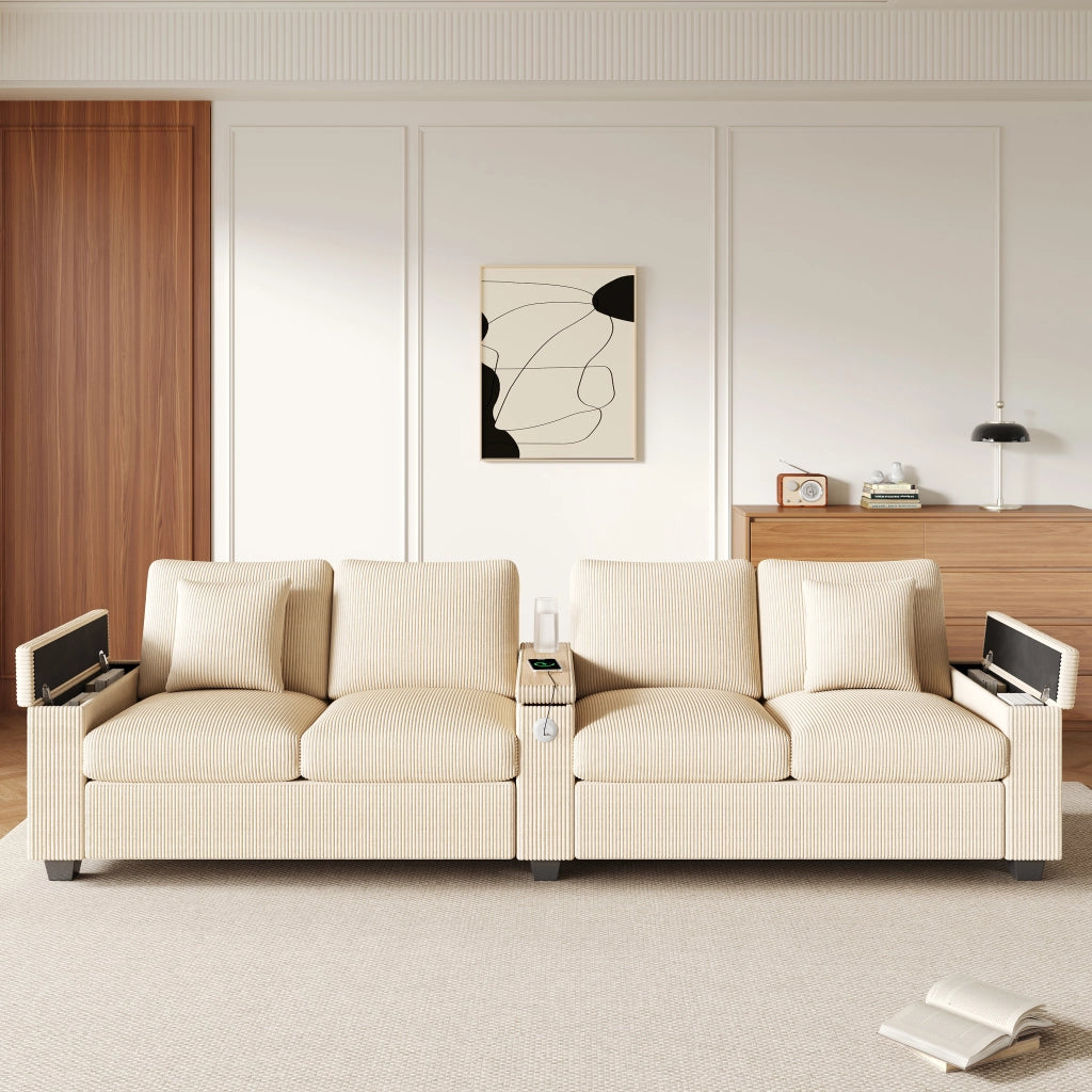 Divano 4 posti in velluto a coste con USB e USB-C bracciolo pieghevole vano contenitore beige 299 × 80 × 82,7 cm