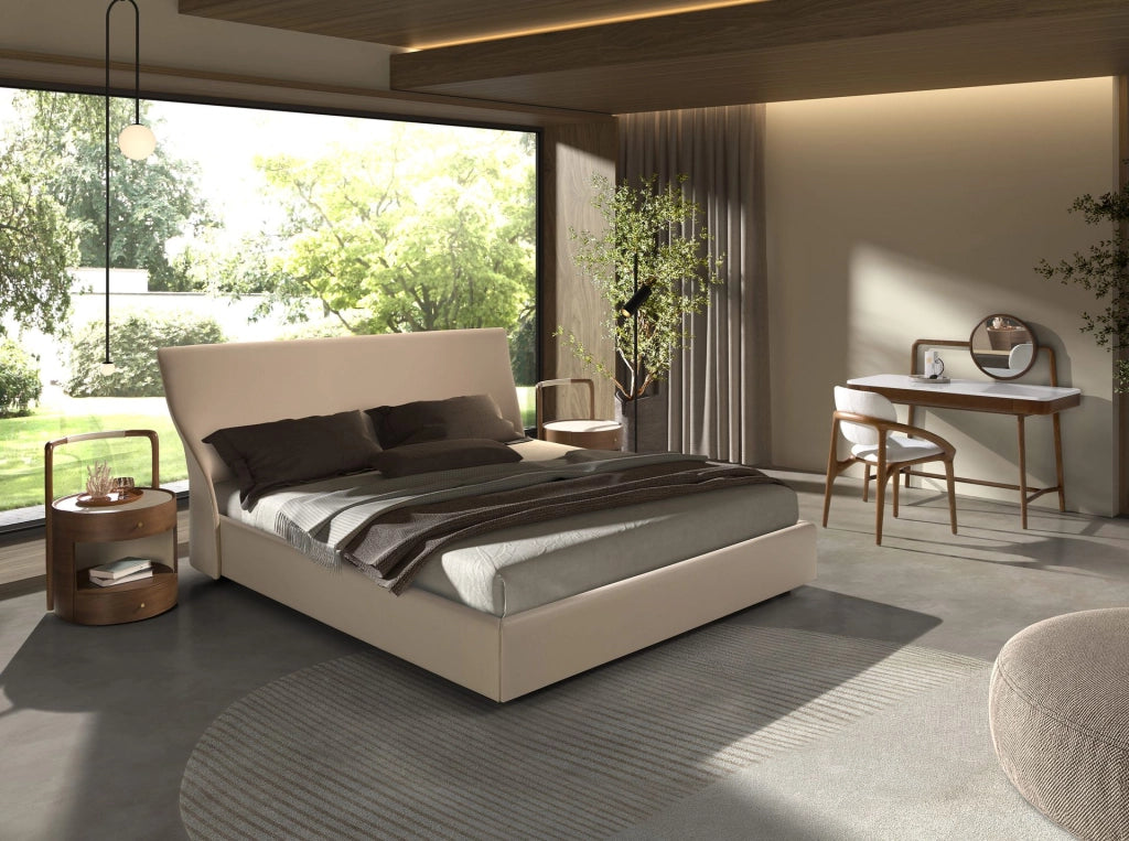 Comodino noce con piano in legno rivestito in similpelle color crema