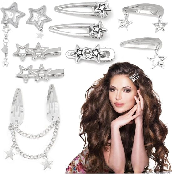 Set di 10 Clip per Capelli Argento 8 Forme Pentagramma Clip per Capelli Metalliche Accessori per Capelli Kawaii Punk per Donne Ragazze Argento