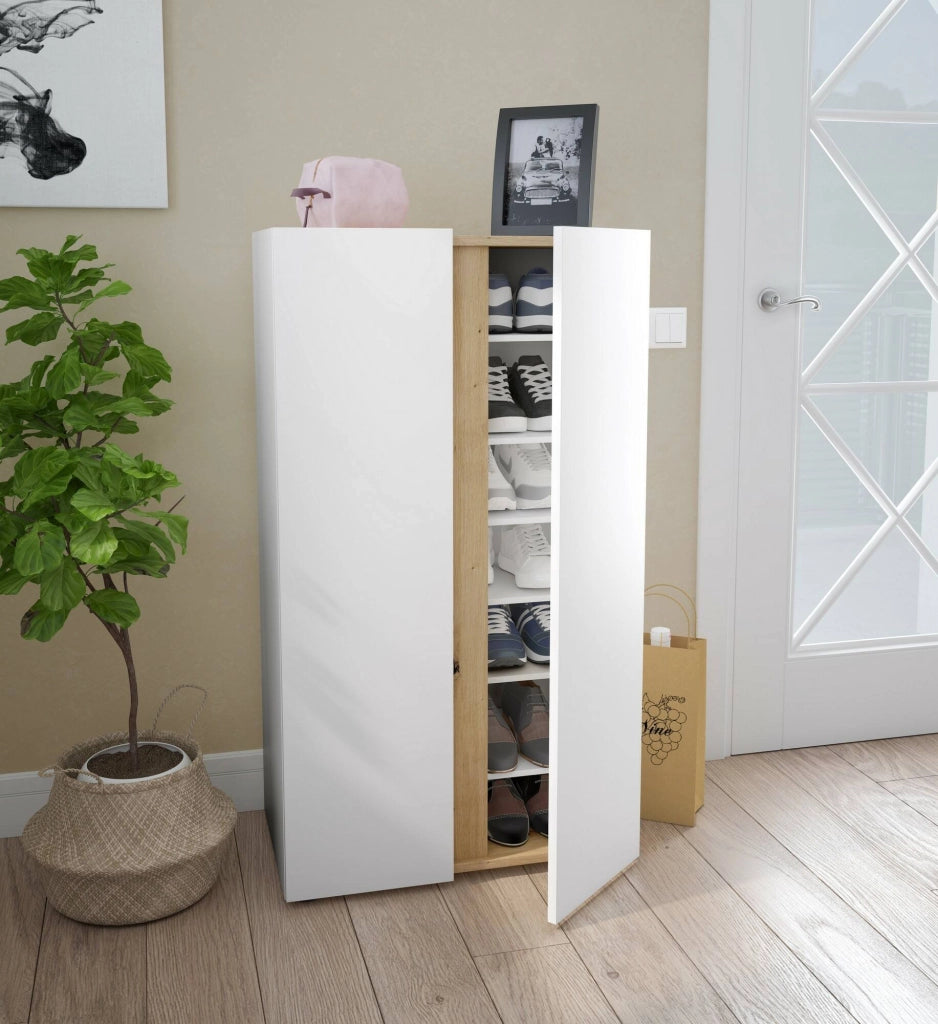 Scarpiera Gotto, Mobile portascarpe, Armadio da ingresso multiuso, Mobiletto per calzature, 57x35 h102 cm, Bianco e Rovere Nodi