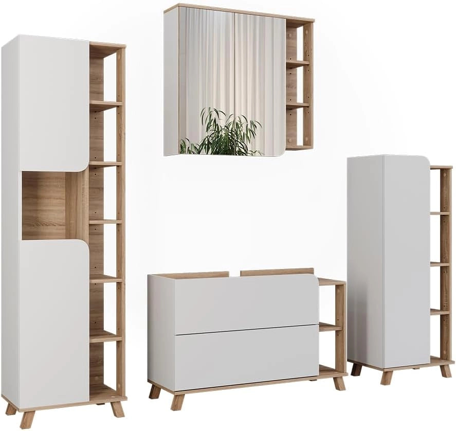 Set di mobili da bagno Karen, Sonoma/antracite, 100 cm, composto da mobile lavabo, pensile a specchio, colonna e base media