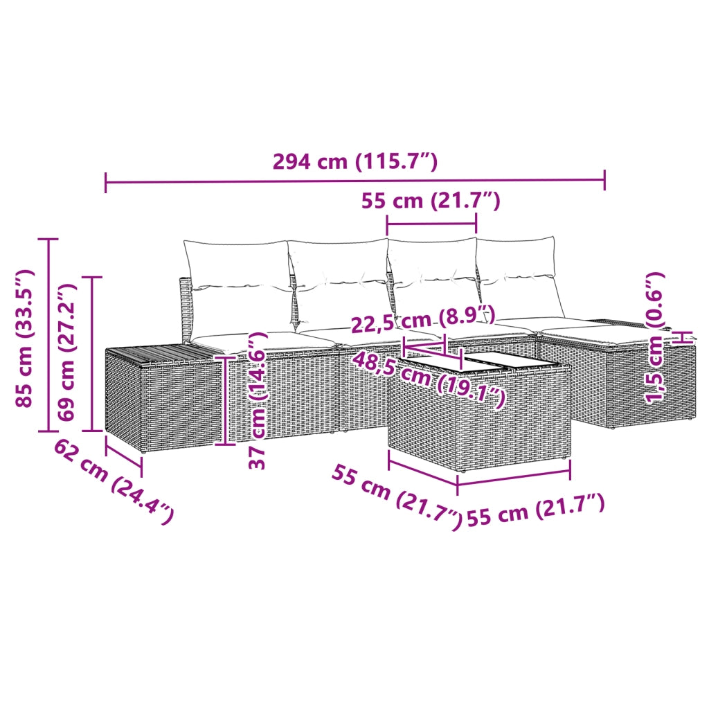 Set Divano da Giardino da 5 Pezzi con Cuscini Marrone in Polyrattan