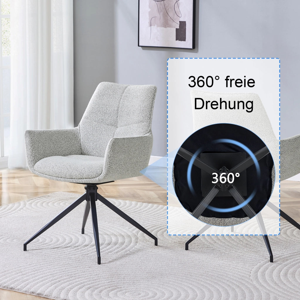 Sedia da pranzo girevole 360° con braccioli, tessuto, gambe in metallo, Grigio chiaro e Nero