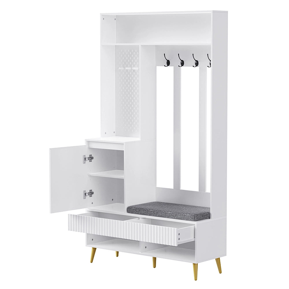 Armadio per ingresso con porta e panchina - Xylo - 100x35x180 cm - Bianco - 4 ganci e 2 cassetti