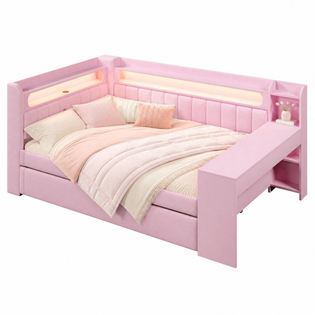 Letto 140x200 cm rosa con letto estraibile e scrivania, senza materasso
