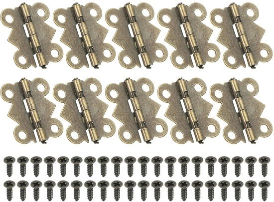 Hardware per cassetti mini 3/4 pollici, 180 gradi, 10 pezzi, scharnieri mini a forma di farfalla con 40 viti per cassetti in legno, scatola in legno, ambra.