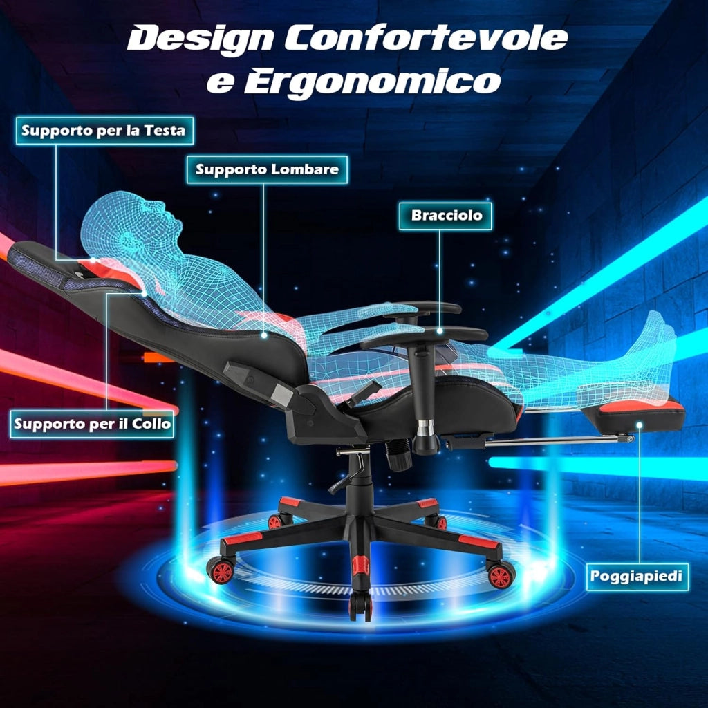 Sedia da Ufficio Ergonomica per Computer con Altezza Regolabile, Sedia da Gaming con Luci RGB LED, Schienale e Braccioli Regolabili, Poggiapiedi Estraibile e Supporto Lombare (Rosso)