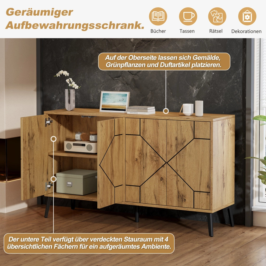 Credenza e madia con 4 ante e 4 vani, chiusura push-open, per soggiorno e cucina, in MDF, naturale, 120 × 35 × 69 cm