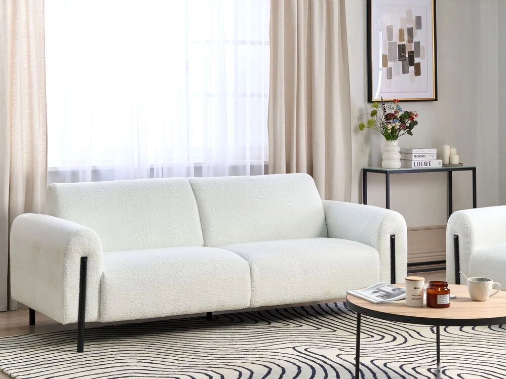 Divano 3 posti rivestito in tessuto bouclè bianco schienale regolabile stile moderno
