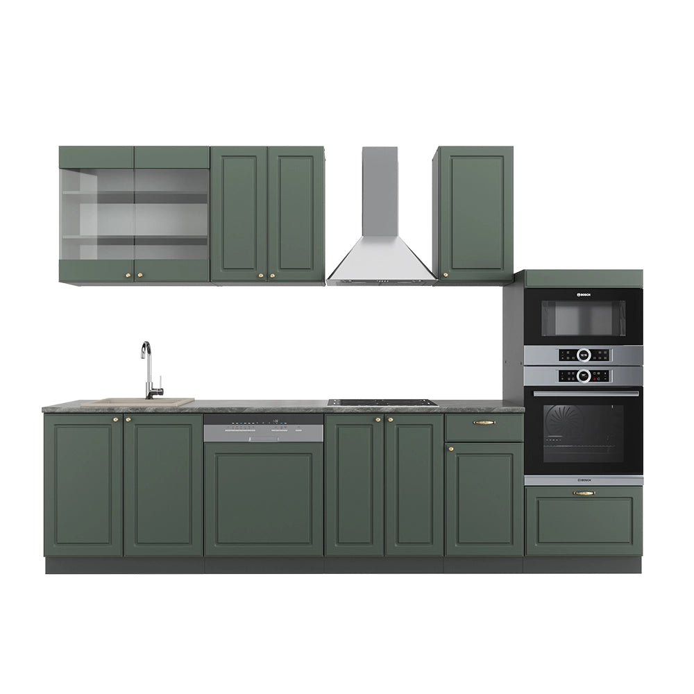 Cucina componibile Fame-Line Verde-oro rustico/Antracite 300 cm con armadio alto, PL Antracite Vicco