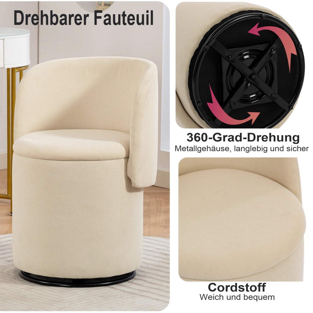 SGABELLO Girevole Contenitore 53x50x47 cm Velluto a coste Beige