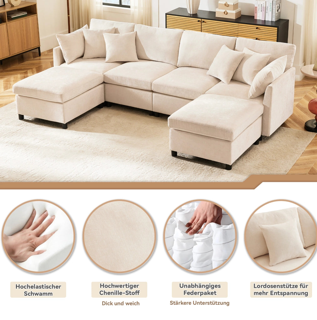 Divano modulare 4-6 posti in ciniglia beige con 2 pouf