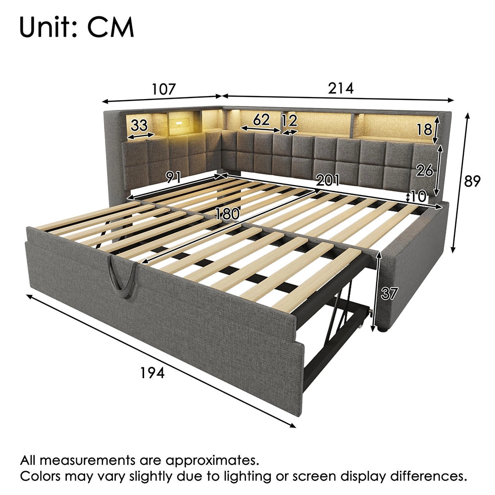 Letto imbottito-Xylo-90x200cm+90x190 LED Bluetooth USB-C testiera L lino grigio senza materasso
