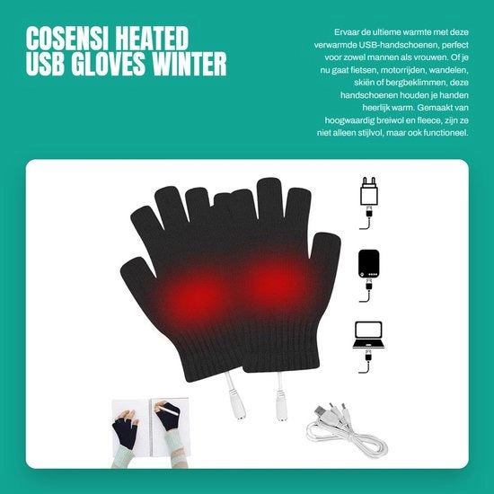 Guanti da Ciclismo con Termoregolazione a USB - Mezza Punta - Caldo per Inverno - Nero - Adatto per Ciclismo, Motociclismo, Escursionismo, Sci, Alpinismo