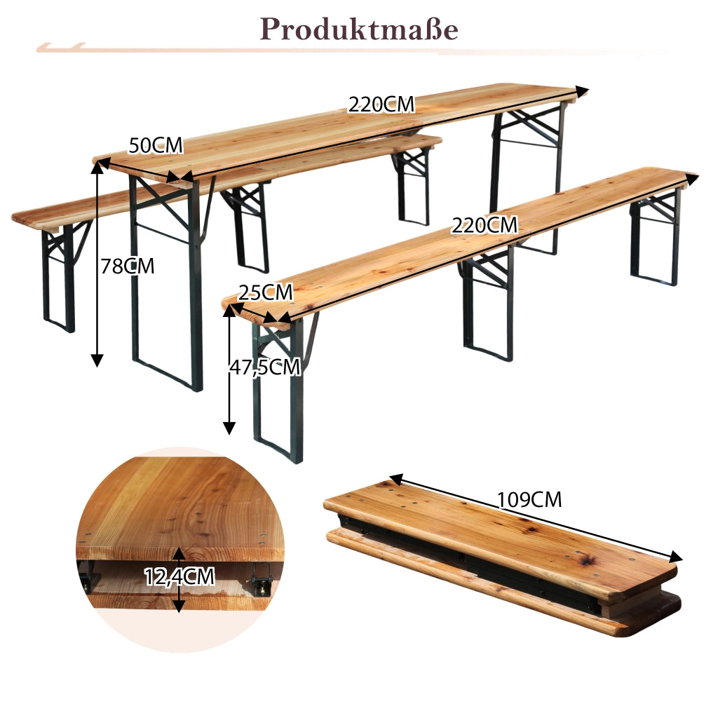 Set Tavolo e Panche Pieghevoli da Giardino ¨C MINIMAL ¨C Pino Massello 220 cm, 3 Pezzi