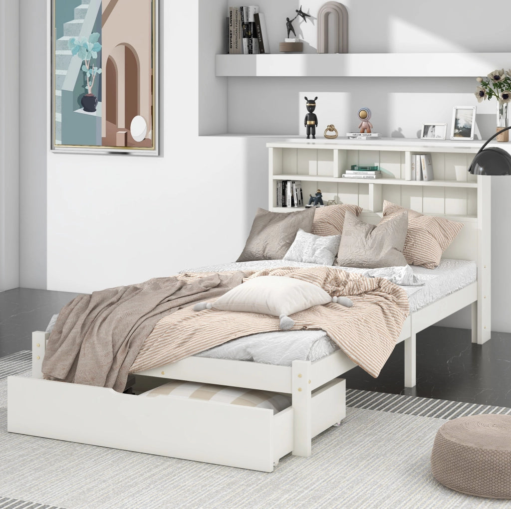 Letto singolo 90x200 cm bianco con cassetti e libreria