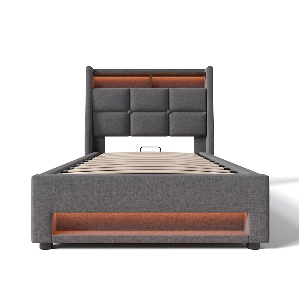 Letto a cassone imbottito - Xylo - 90x200 cm - Grigio - USB, LED, sommier a doghe metalliche