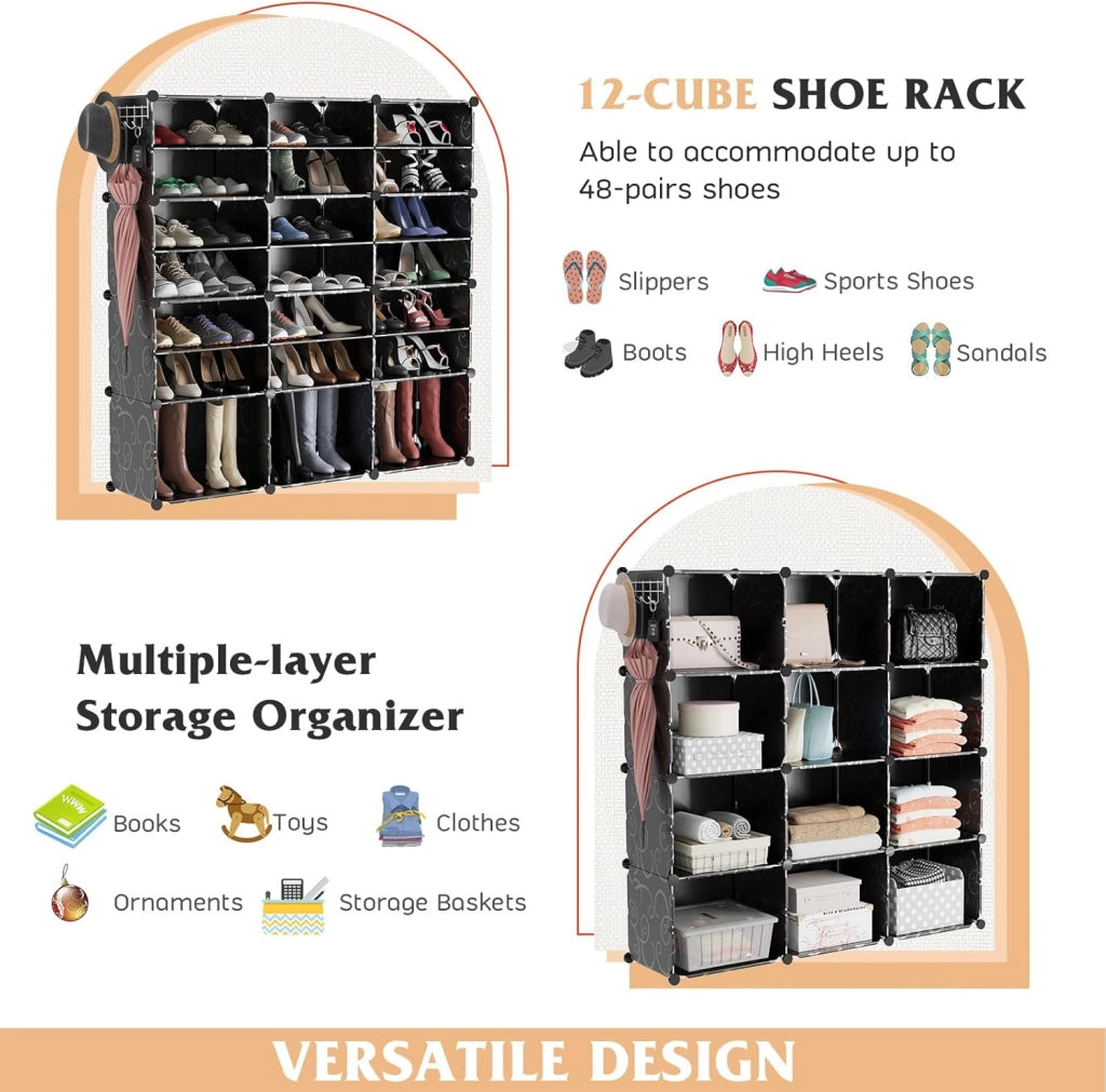 Scatola per scarpe con 12 cubi con ripiano rimovibile, mobile da 48 paia, 5 ganci da appendere, 12 ante 124 x 32 x 125 cm, per corridoio, ingresso, soggiorno, nero (Nero)