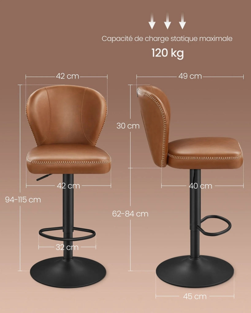 Sgabello da bar girevole a 360° set da 2 altezza regolabile schienale in PU con cuciture stile moderno di metà secolo per cucina/bar facile da montare marrone 12_0005382