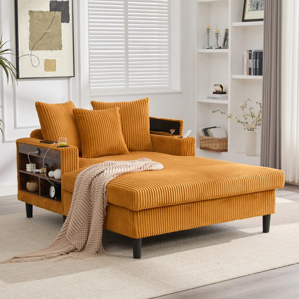 Divano Angolare Lounge con Chaise Longue ¨C MINIMAL ¨C Velluto a Coste, LED, USB, Contenitore