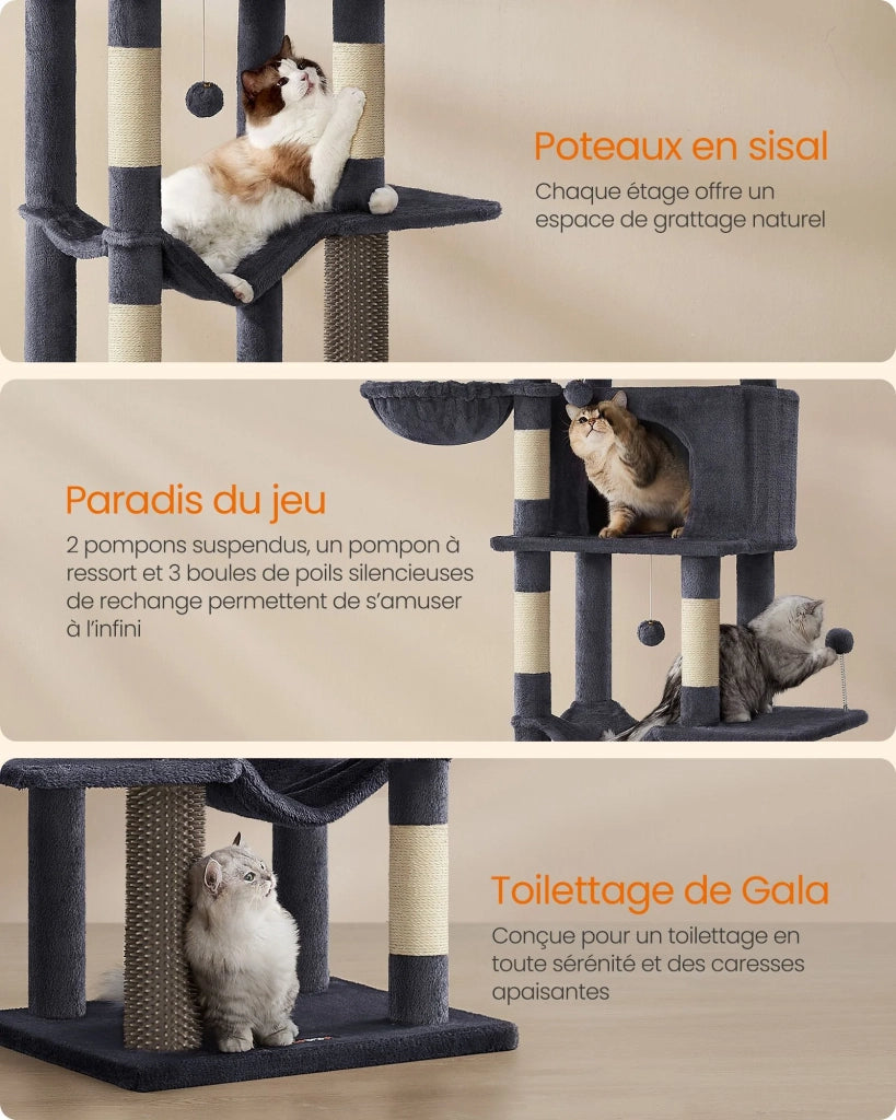 Tiragraffi torre per gatti alta 175 cm rifugio per gatti a più livelli con 2 cucce 2 cestini 5 tiragraffi trespolo autopulente amaca grigio tortora pct182g01 12_0003882
