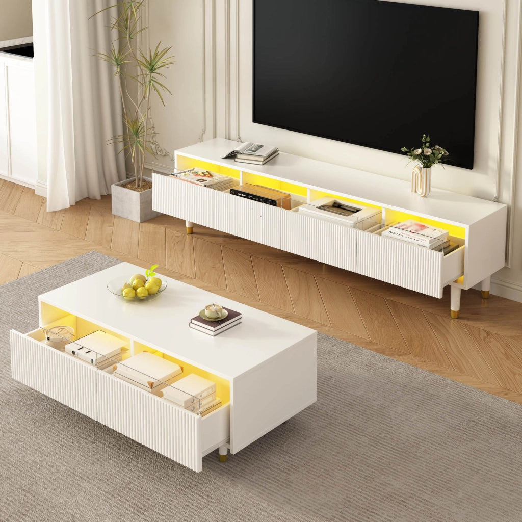 Mobile TV a 4 Ante e Tavolino con 2 Cassetti; LED; MDF; Bianco