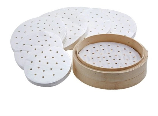 100 fogli di carta da vapore forata da 11 cm per bao buns, dumplings e panzerotti di carne.