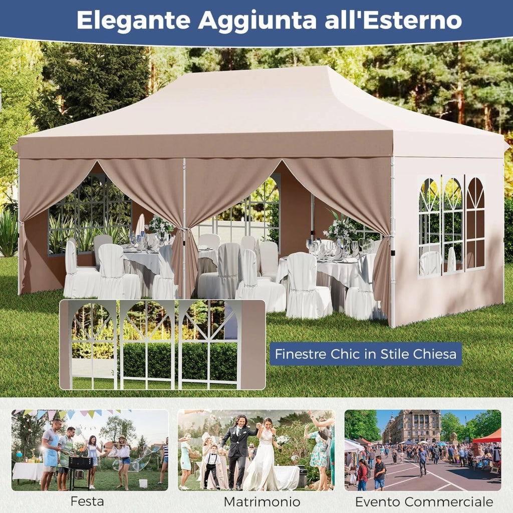 Gazebo da Giardino 3 x 6 m, Tendone per Feste con 6 Pannelli Laterali Rimovibili, con Borsa da Trasporto, Design Pop-up, per Matrimonio Eventi e Barbecue (Beige)