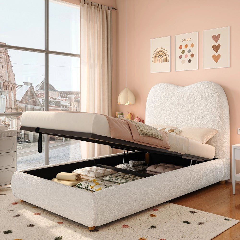 Letto Contenitore Singolo Imbottito ¨C MINIMAL ¨C Boucl¨¦ Beige 90x200 con Rete e Testiera