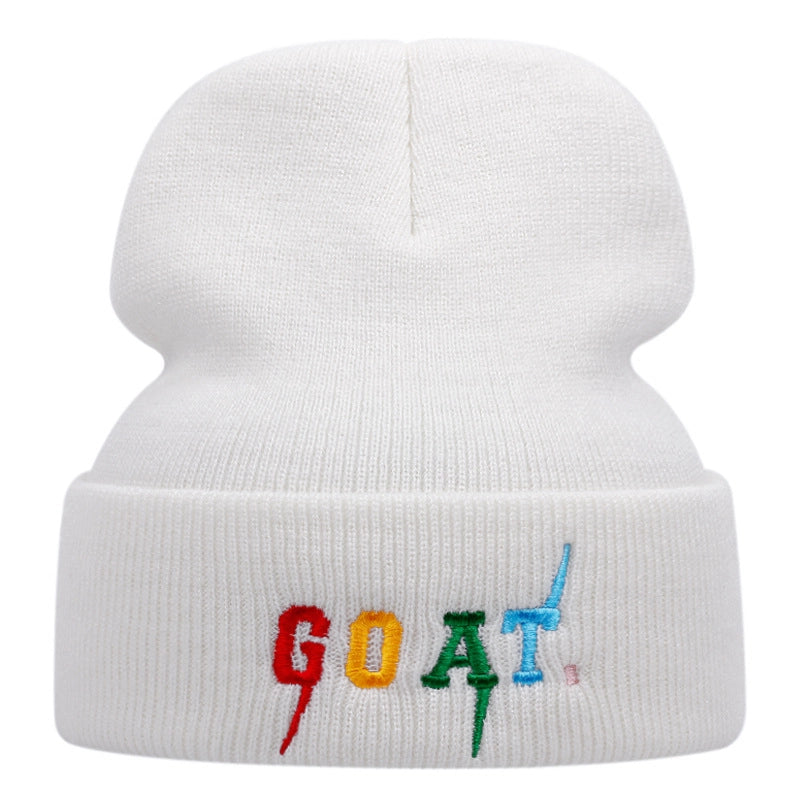 Cappelli invernali caldi lavorati a maglia con ricamo di capra, colore bianco.