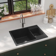 Lavello da Cucina Doppio con Foro Troppopieno-Lavandino-Lavabo Nero in Granito