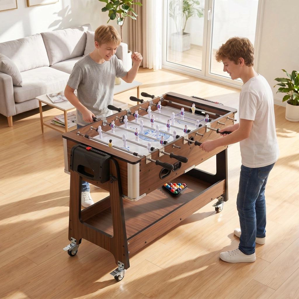 Tavolo da Gioco 3 In 1 Air Hockey Biliardo Calcio Balilla 102,5x61,5x65 cm Ruote Bloccabili Ripiano in MDF Effetto Noce